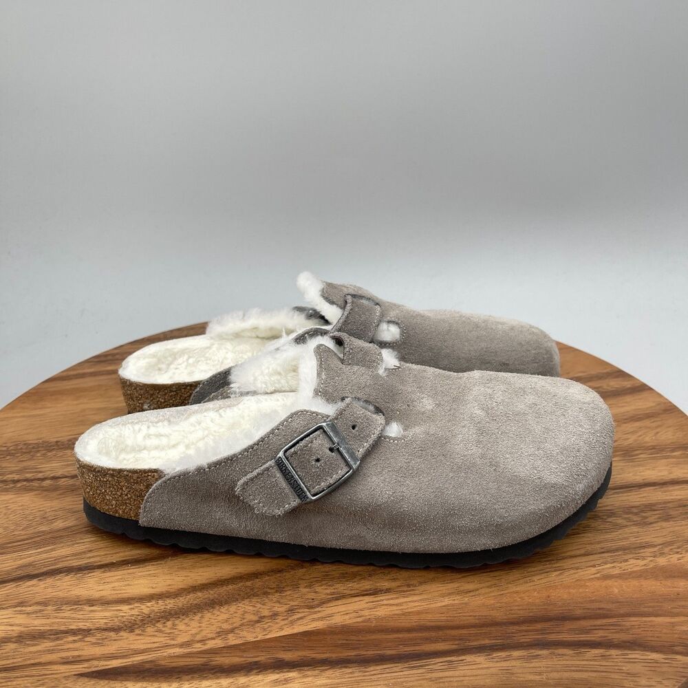 Birkenstock Boston Shearling Sandals Womens Size 9 / 40 Stone Coin Suede Casual